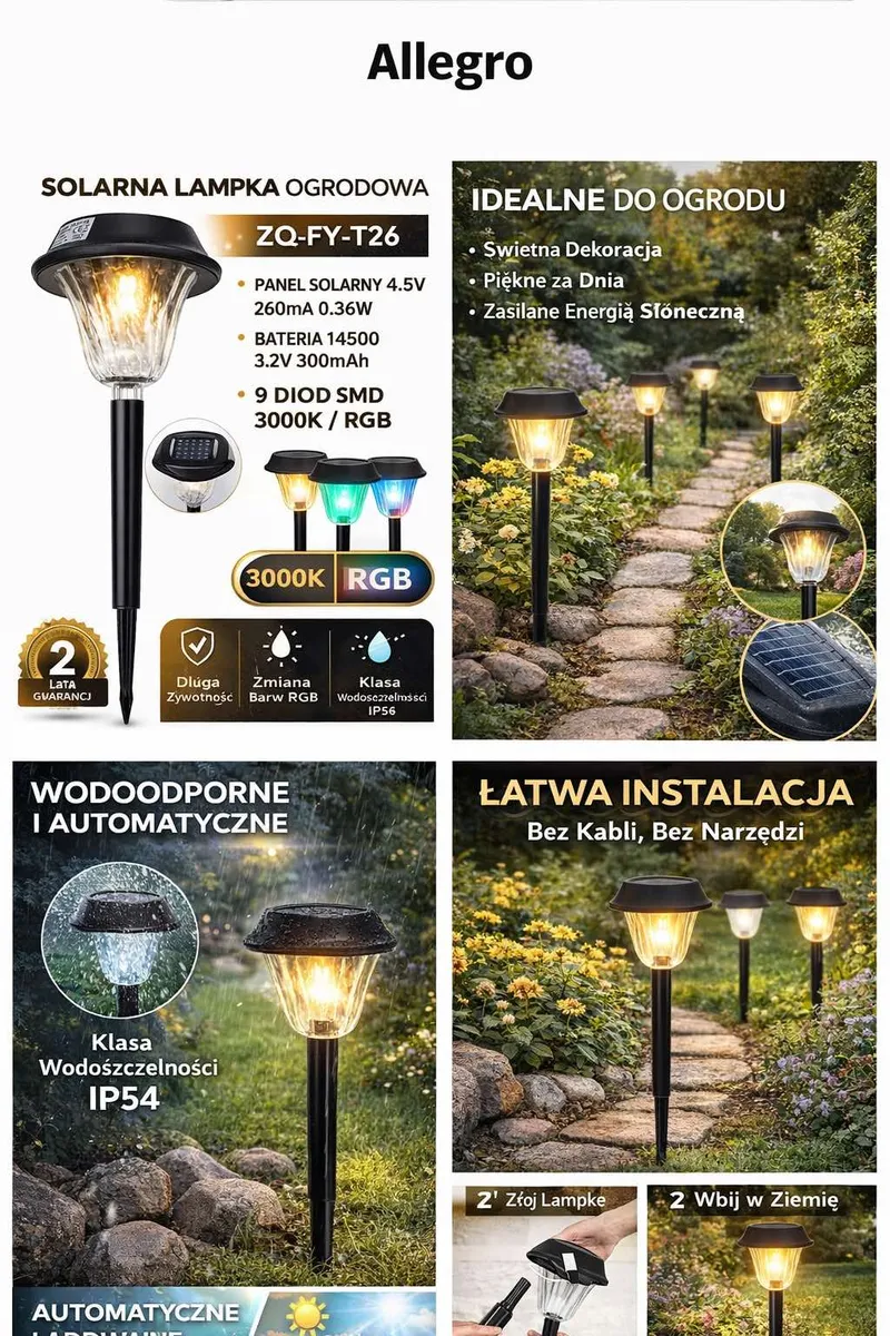 Solarna lampka ogrodowa LED 3000K + RGB czarna WK50626-49