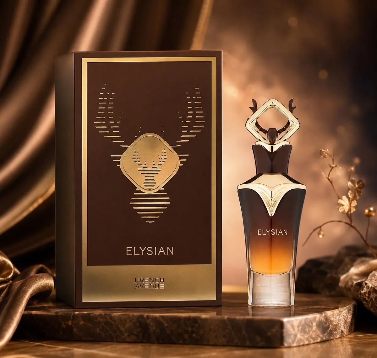 Perfumy Elysian 100ml z eleganckim flakonem i złotymi zdobieniami WK50