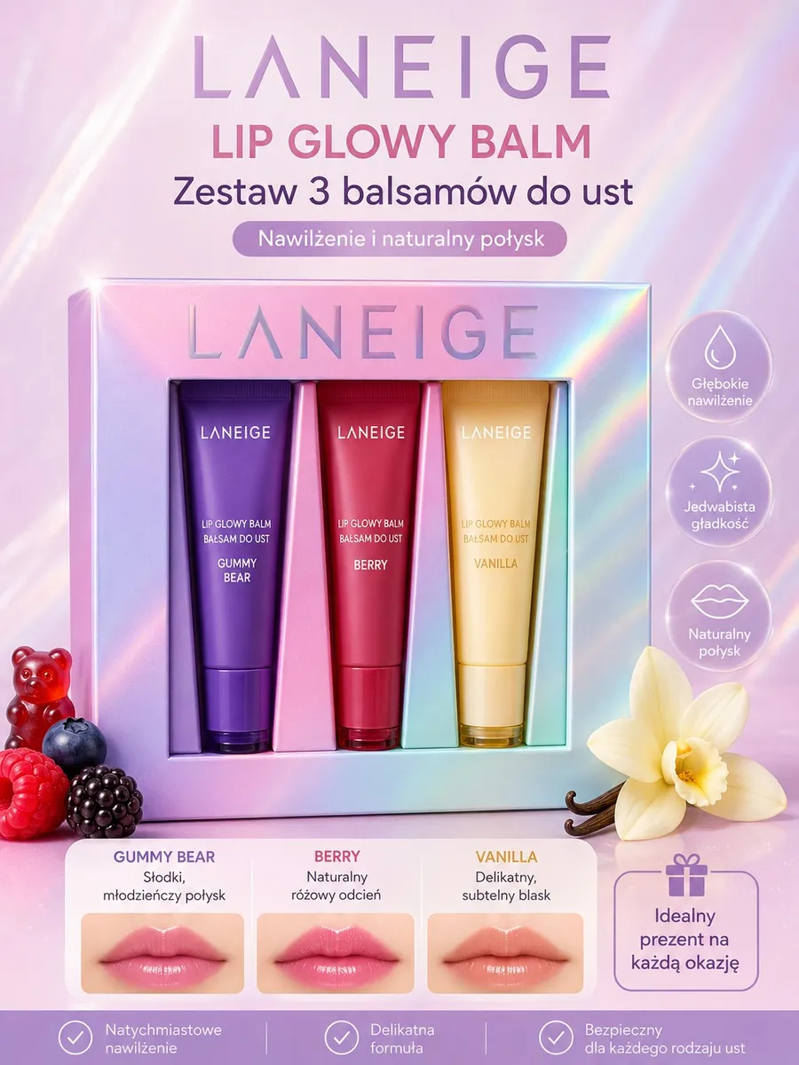 LANEIGE Lip Glowy Balm zestaw 3 balsamów do ust z naturalnym połyskiem