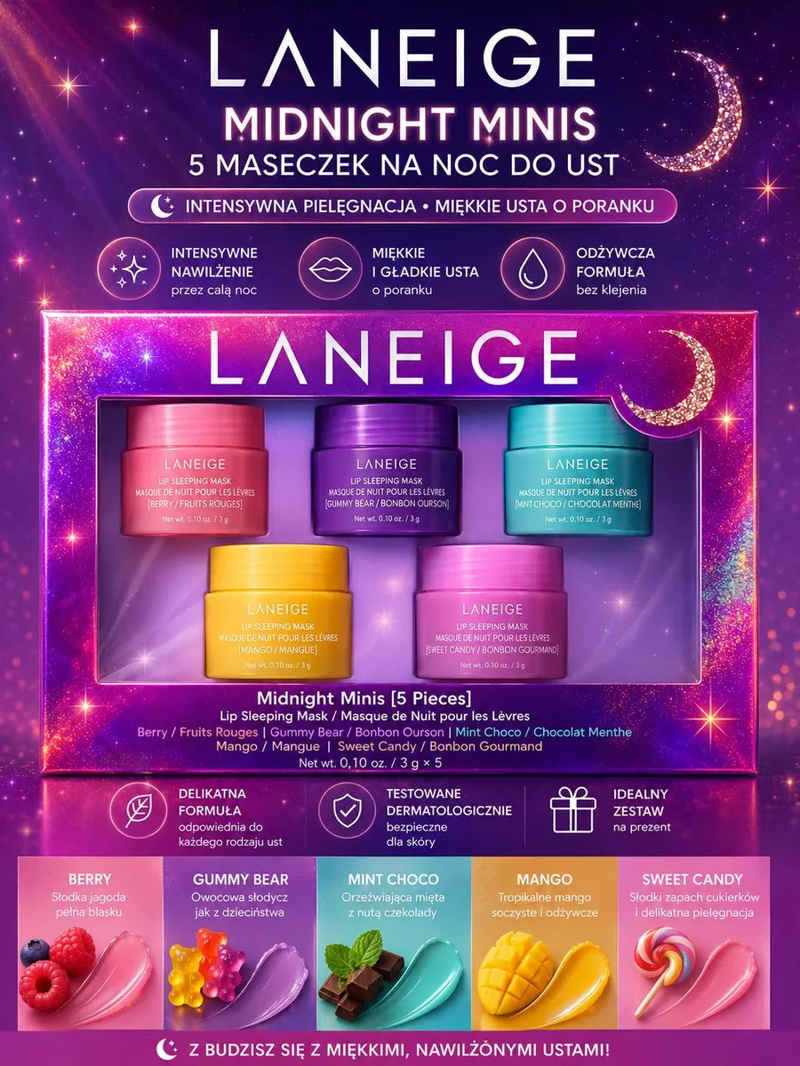 Laneige Midnight Minis zestaw 5 mini maseczek do ust na noc