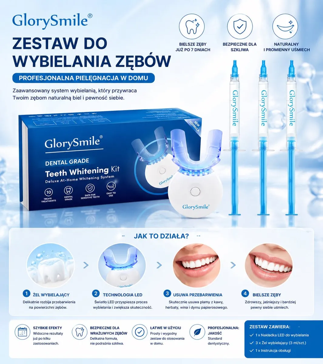 GlorySmile Zestaw do Wybielania Zębów z Technologią LED i Żelem 3 ml