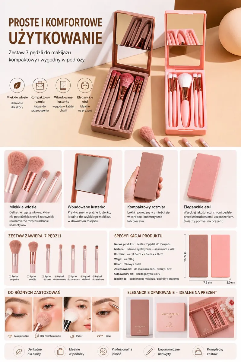 Zestaw 7 pędzli do makijażu różowy nude kompaktowy z lusterkiem