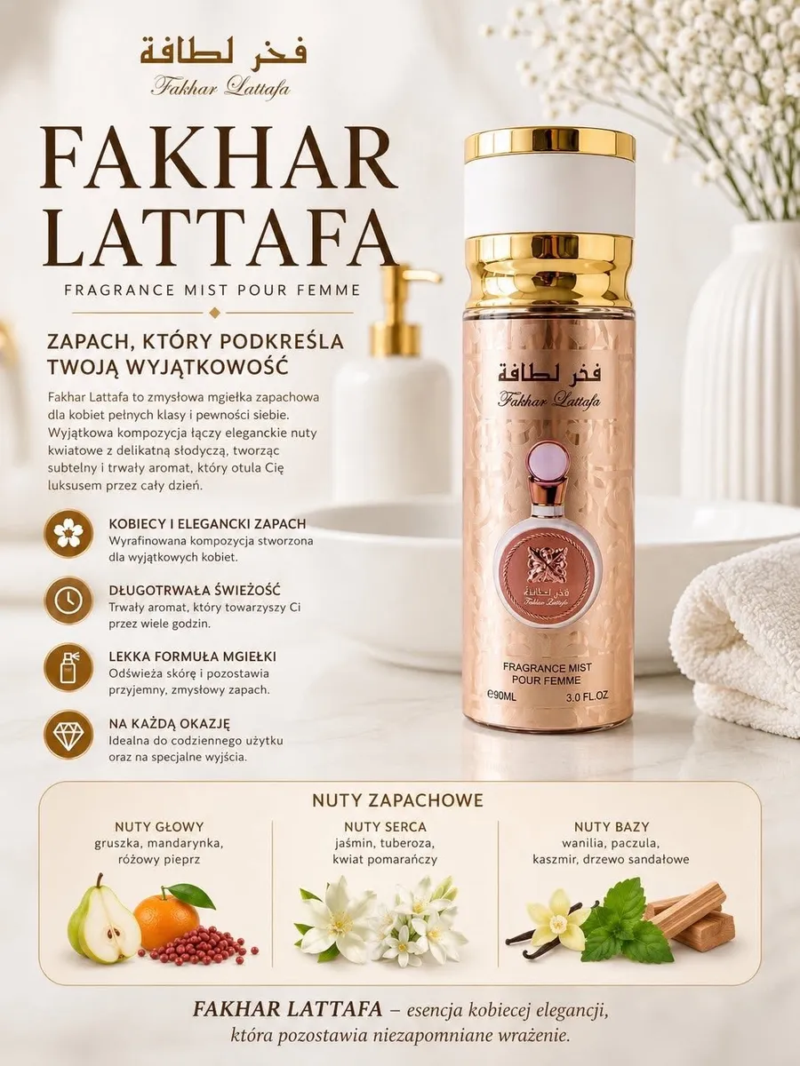 Fakhar Lattafa mgiełka zapachowa damska 90 ml elegancka nuta kwiatowa