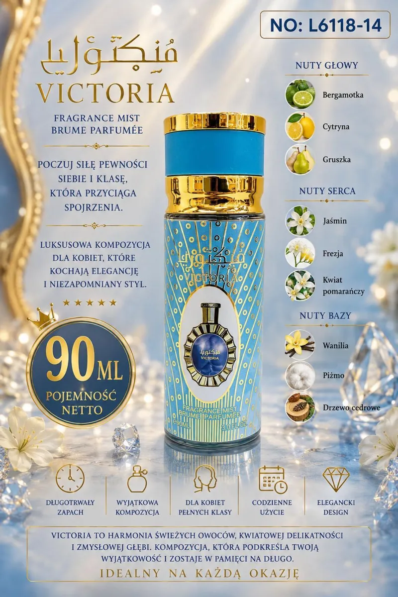 Victoria Fragrance Mist 90ml niebiesko-złoty flakon damski