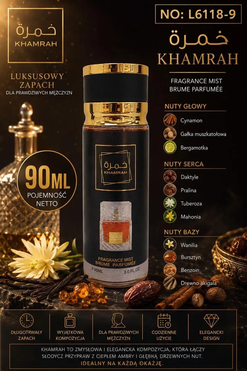 KHAMRAH Luksusowy Zapach Męski 90ml - Elegancki Fragrance Mist