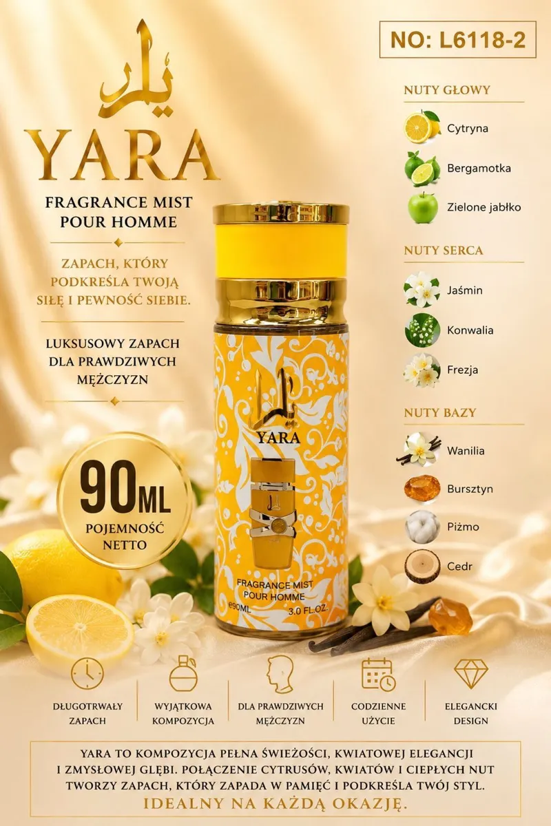 YARA Fragrance Mist Pour Homme 90ml żółty elegancki zapach męski