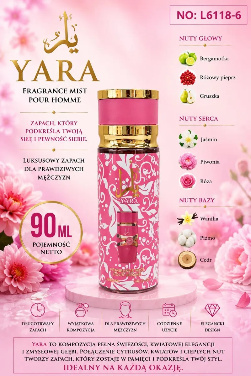 YARA Fragrance Mist Pour Homme 90ml różowy flakon luksusowy zapach męski