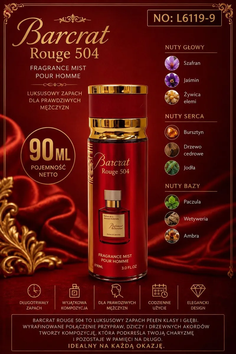 Barcrat Rouge 504 Czerwony Flakon 90ml Perfumy Męskie