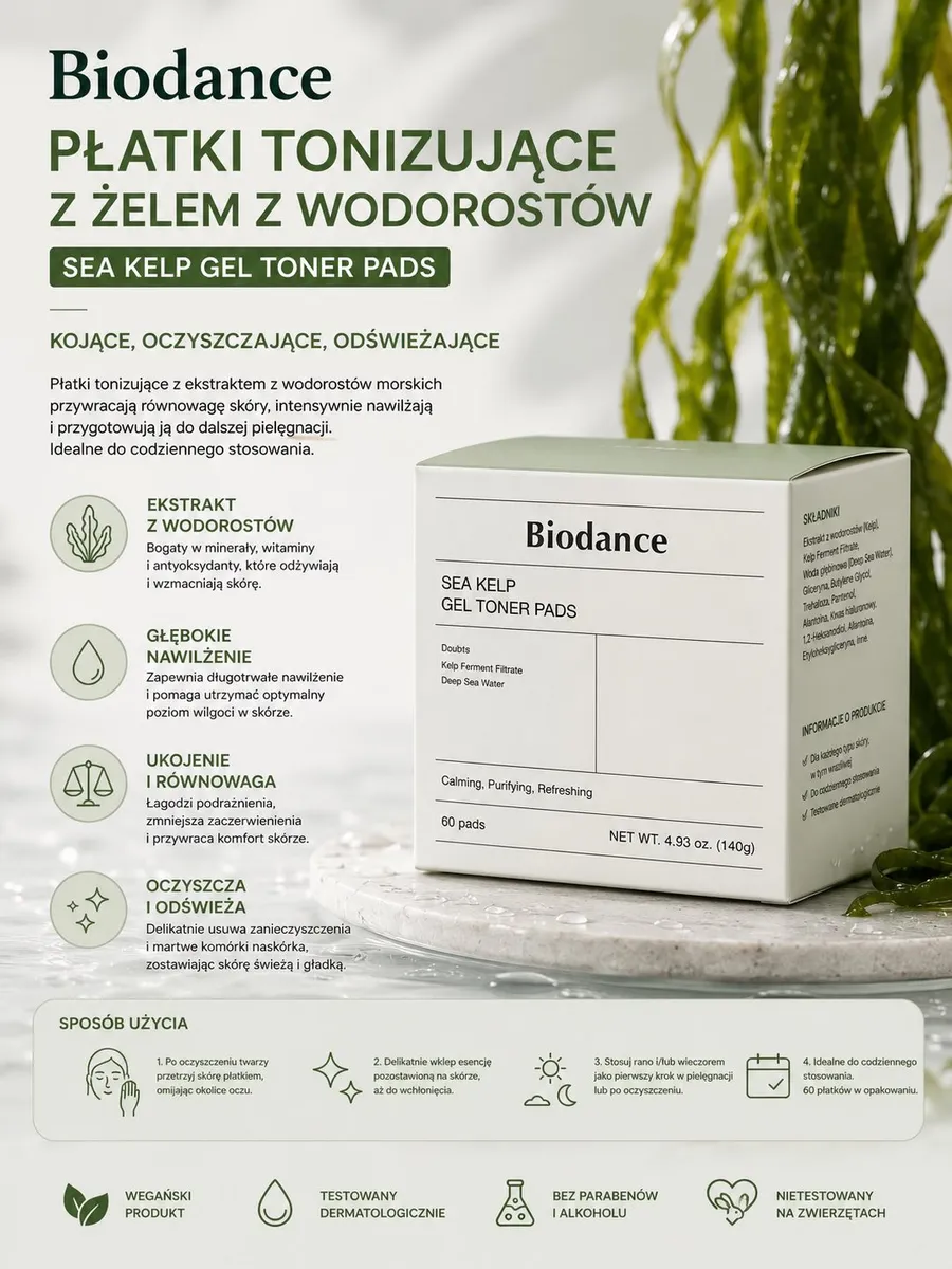 Biodance Płatki Tonizujące z Żelem z Wodorostów 60 sztuk