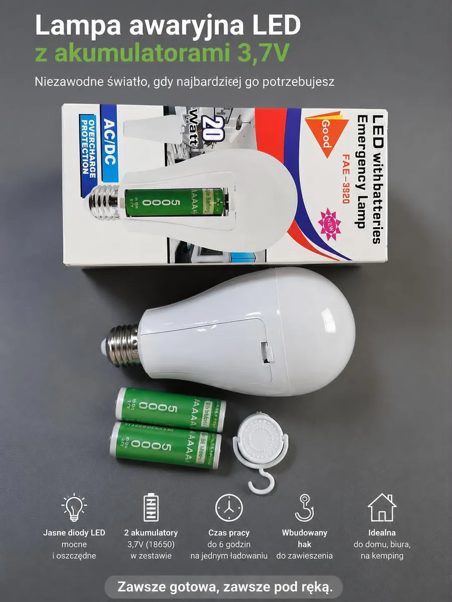 Lampa awaryjna LED z akumulatorami 3,7V i hakiem do zawieszenia