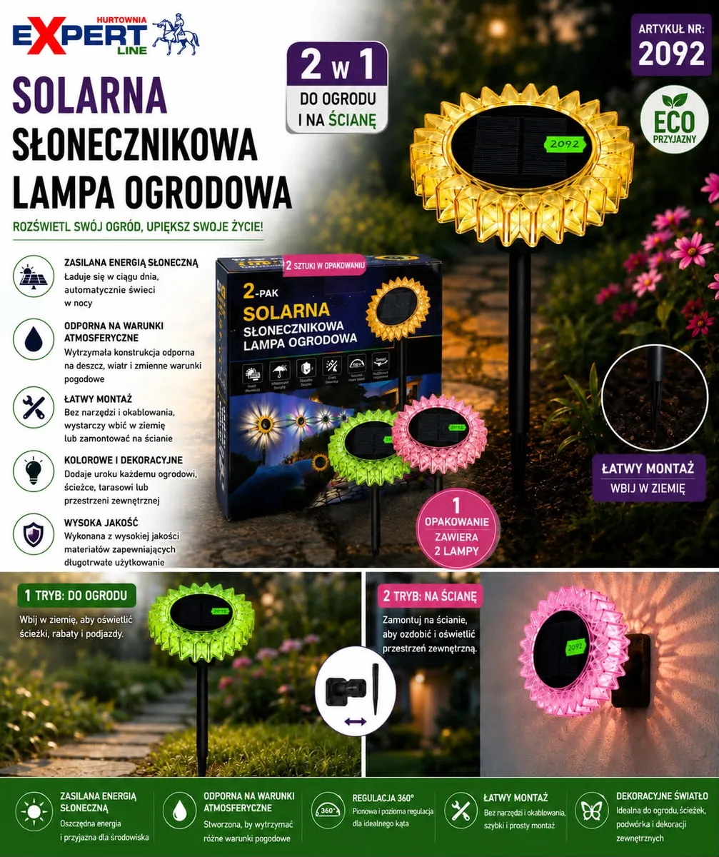Solarny zestaw lamp ogrodowych słonecznikowych kolorowych 2 sztuki