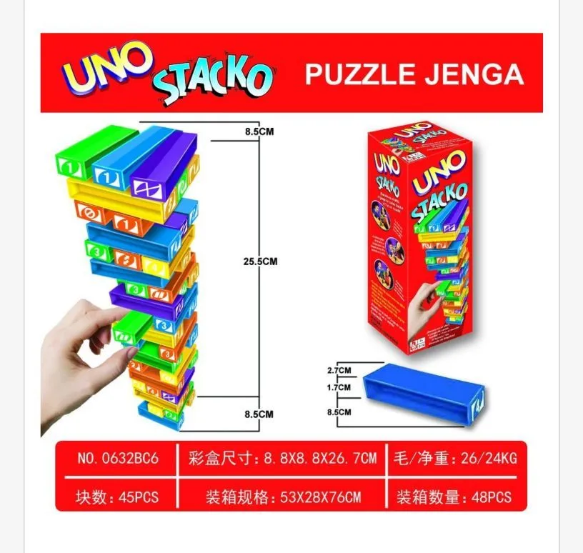 UNO Stacko Puzzle Jenga kolorowa gra zręcznościowa 45 elementów