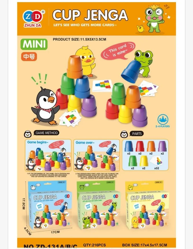 Cup Jenga Mini kolorowa gra zręcznościowa 11,5x5x13,5 cm