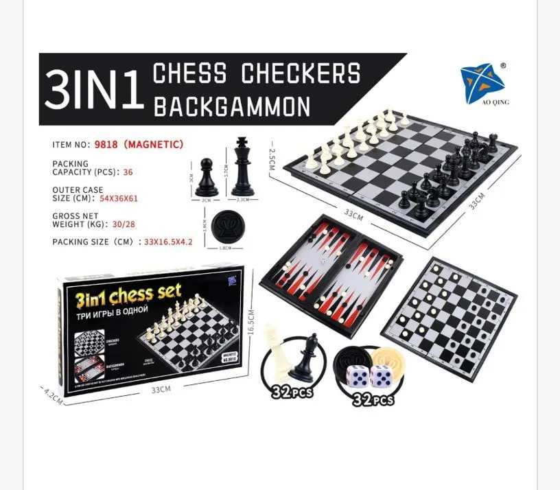 Zestaw 3w1 do gry: szachy, warcaby, backgammon magnetyczny 33x33 cm