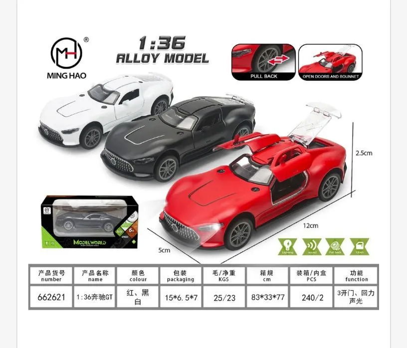 Model samochodu sportowego 1:36 czerwony czarny biały z otwieranymi drzwiami
