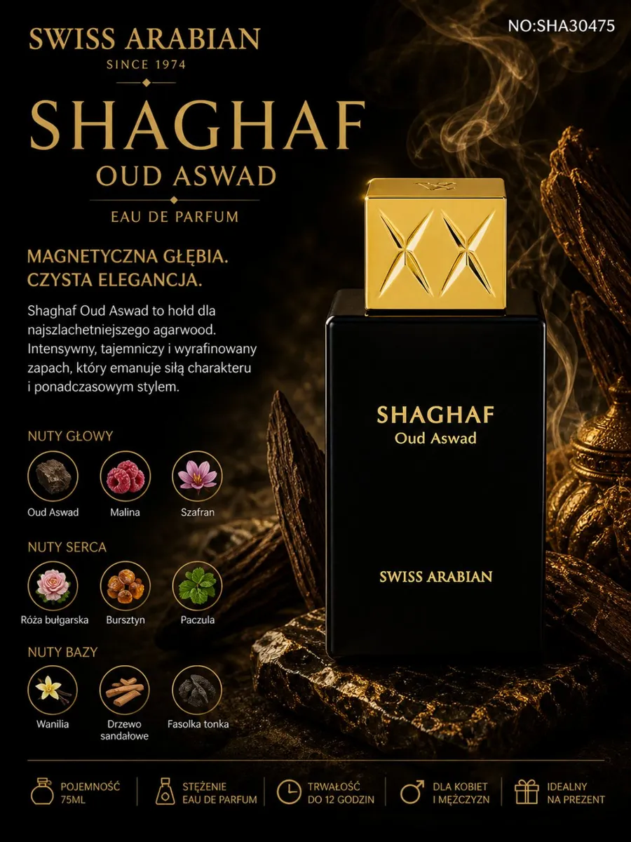 Shaghaf Oud Aswad perfumy 75ml intensywny zapach unisex
