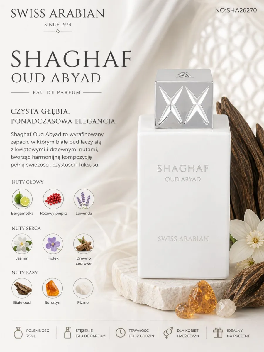 Shaghaf Oud Abyad perfumy 75ml biały flakon z srebrną nakrętką