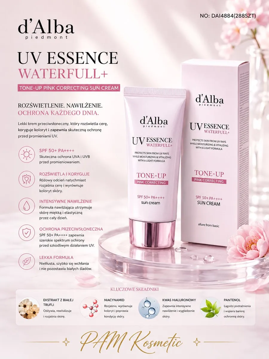 d’Alba UV Essence Waterfull+ krem przeciwsłoneczny tone-up różowy SPF50+