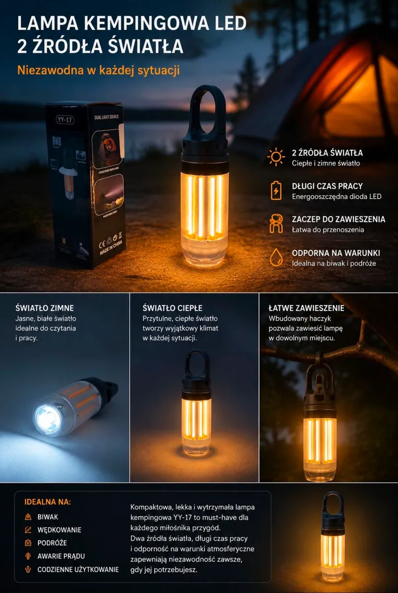 Lampka kempingowa LED z dwoma źródłami światła, czarna