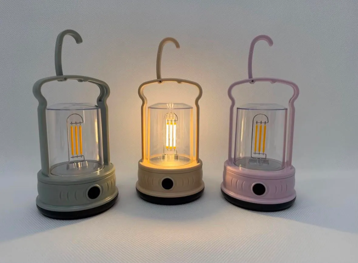Lampka kempingowa LED z haczykiem beżowa, różowa, szara