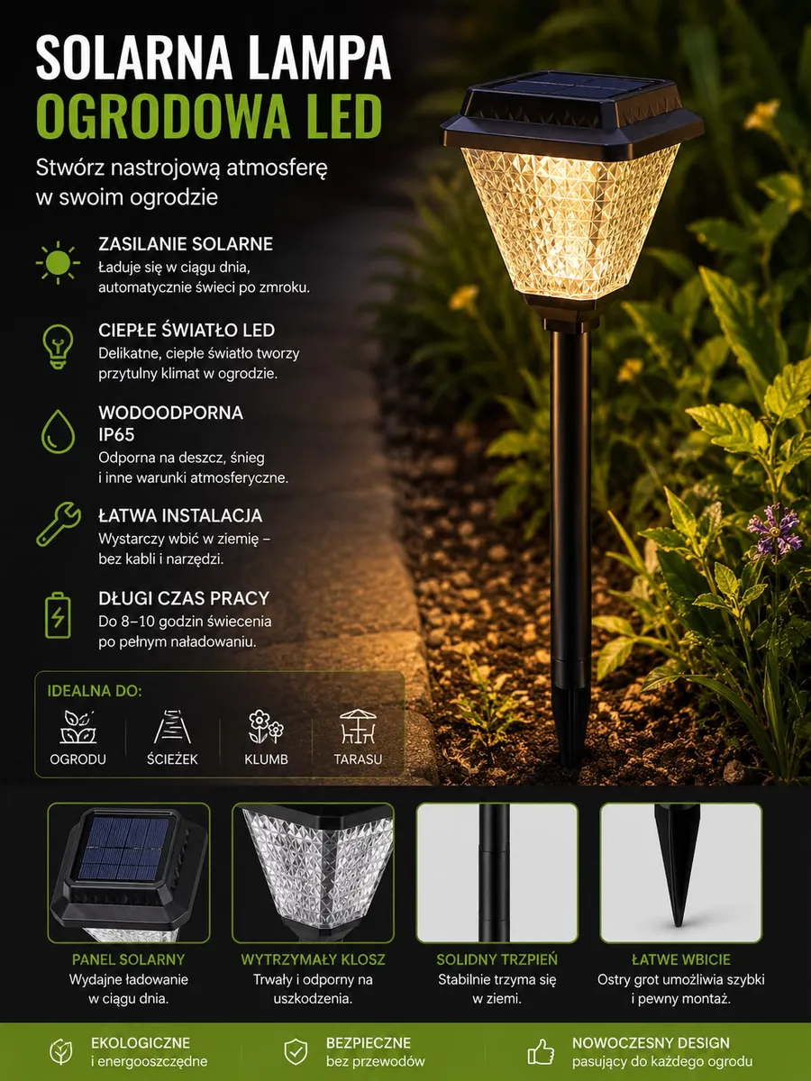 Solarny LED ogród lampa z ciepłym światłem i trwałym kloszem