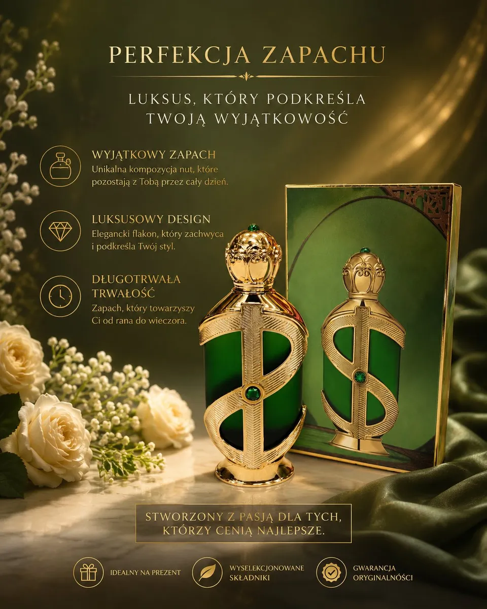 Perfumy 100ml Zielony Flakon z Złotym Ozdobnym Elementem