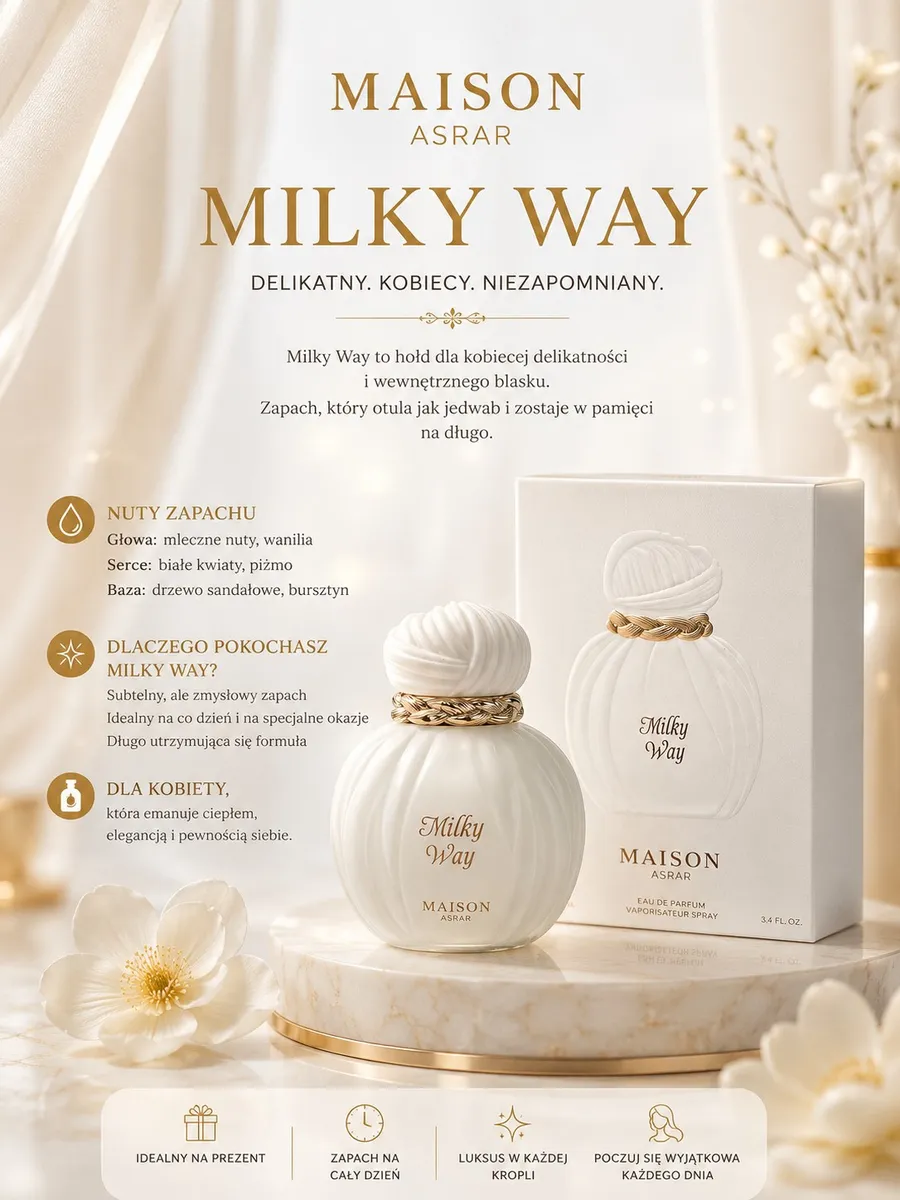 Maison Asrar Milky Way Perfumy 100ml Biały Elegancki Flakon