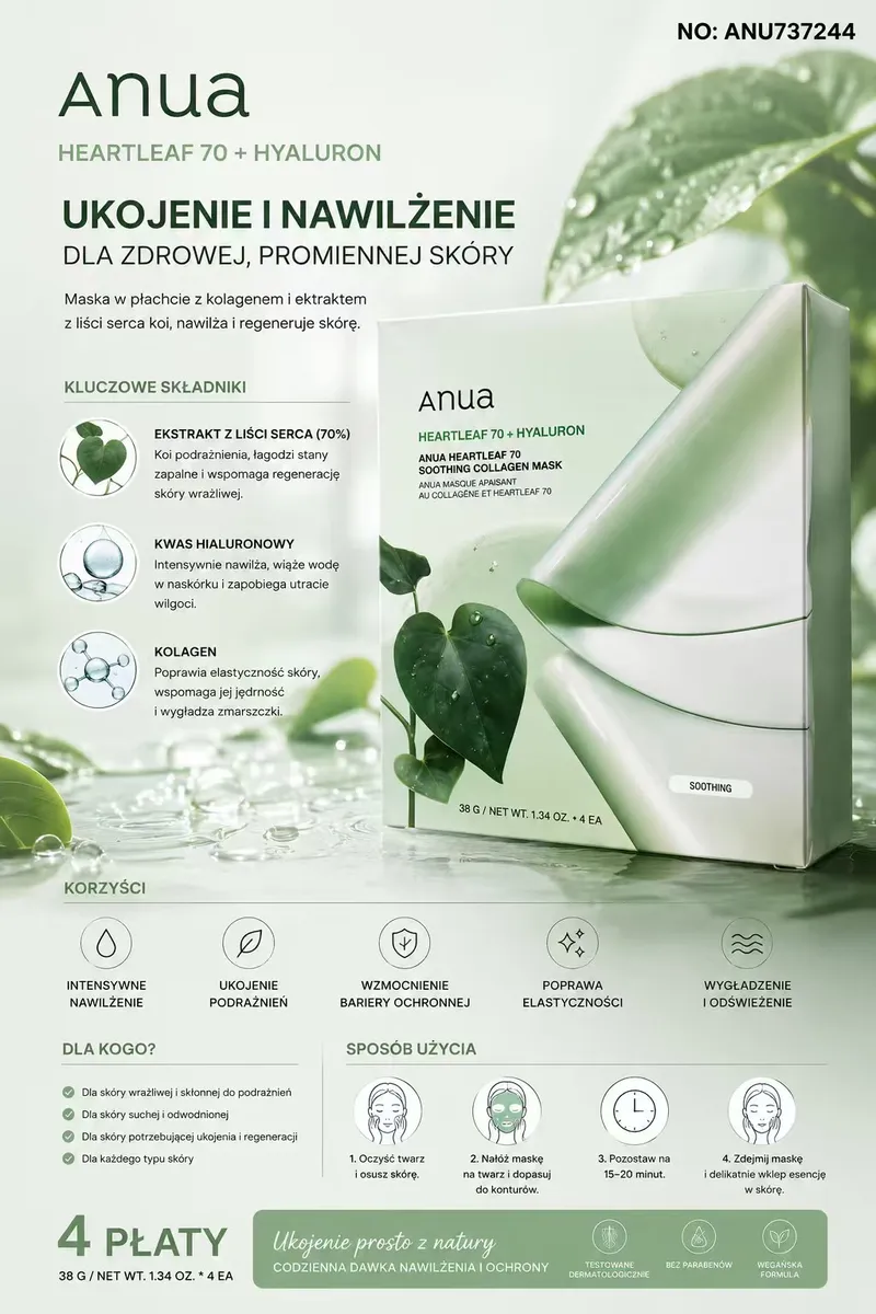 Anua Heartleaf 70 + Hyaluron Maska w Płachcie nawilżająca 4 szt