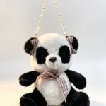 Pluszowa torebka panda czarno-biała z kokardkami i perełkowym paskiem