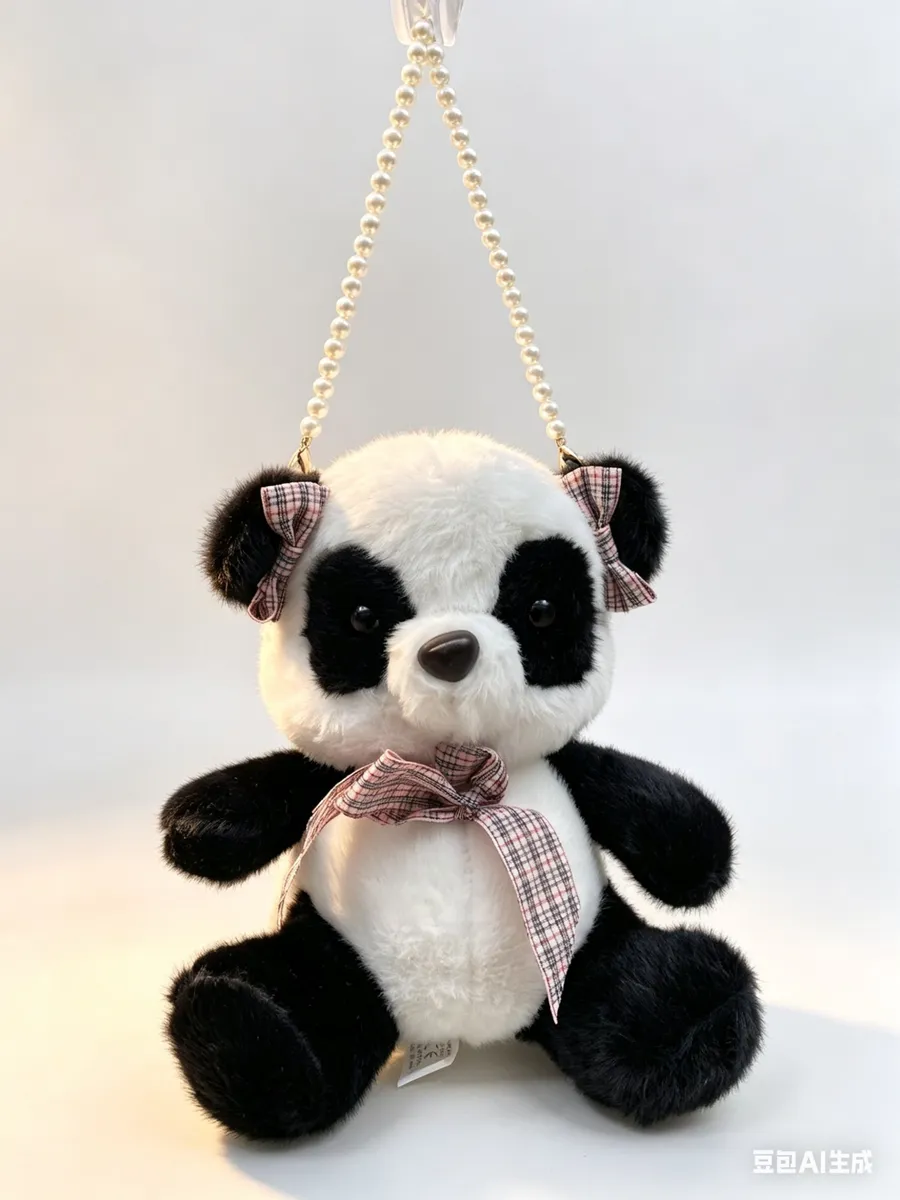 Pluszowa torebka panda czarno-biała z kokardkami i perełkowym paskiem