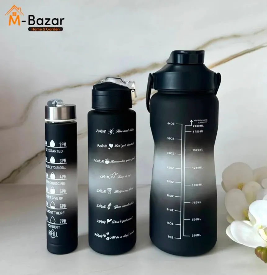 Butelka bidon na wodę 3w1 czarno-szara z miarką 2000 ml