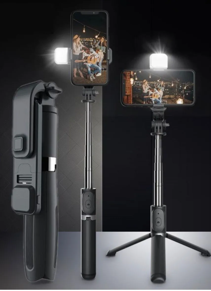 Selfie Stick z lampą LED i statywem czarny teleskopowy