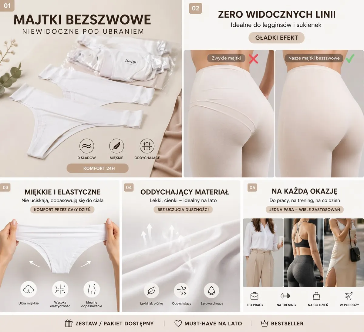 Majtki bezszwowe białe S/M i M/L miękkie i oddychające