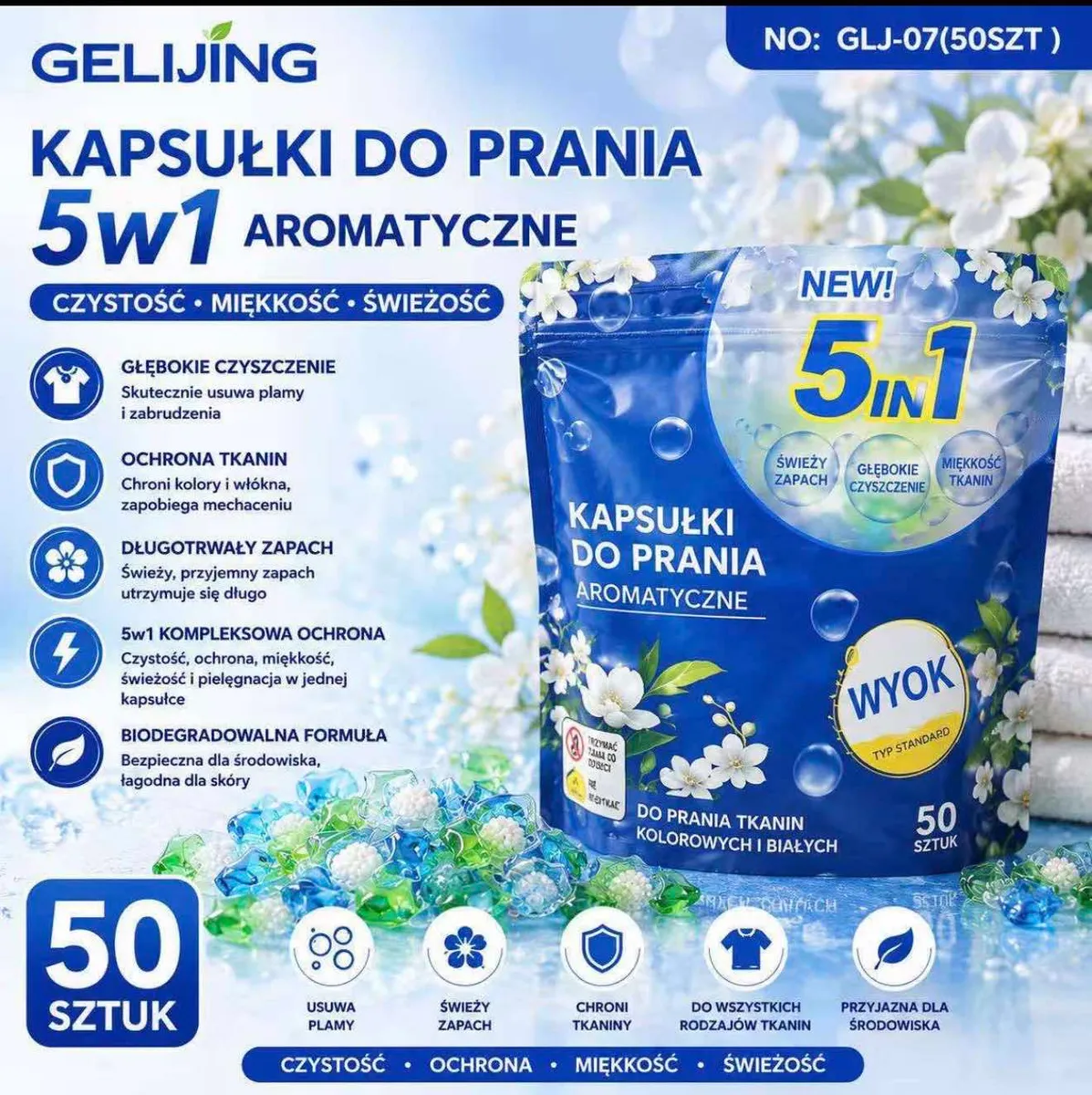 Kapsułki do prania aromatyczne 5w1 50 sztuk do tkanin kolorowych i białych