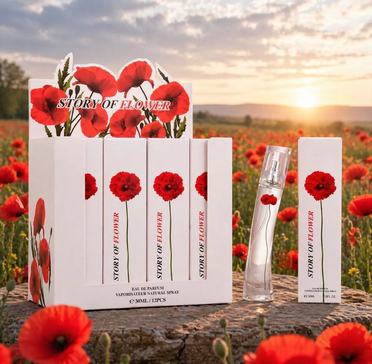 Story of Flower Perfumy 30ml z motywem maków w eleganckim flakonie
