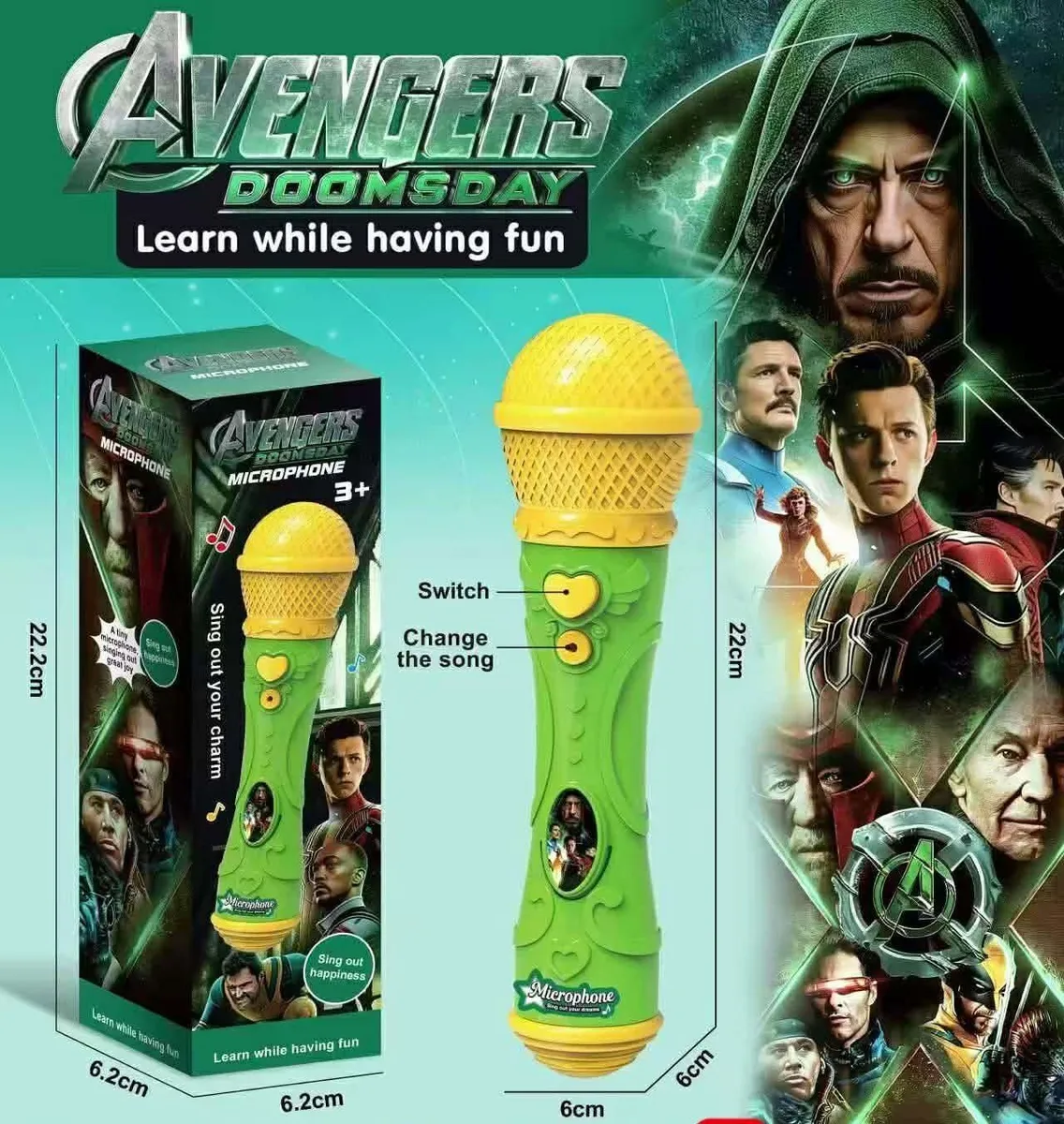 Mikrofon Avengers Doomsday zielono-żółty 22 cm dla dzieci 3+
