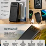 Power bank czarny z panelem słonecznym i wbudowanymi kablami 10000mAh
