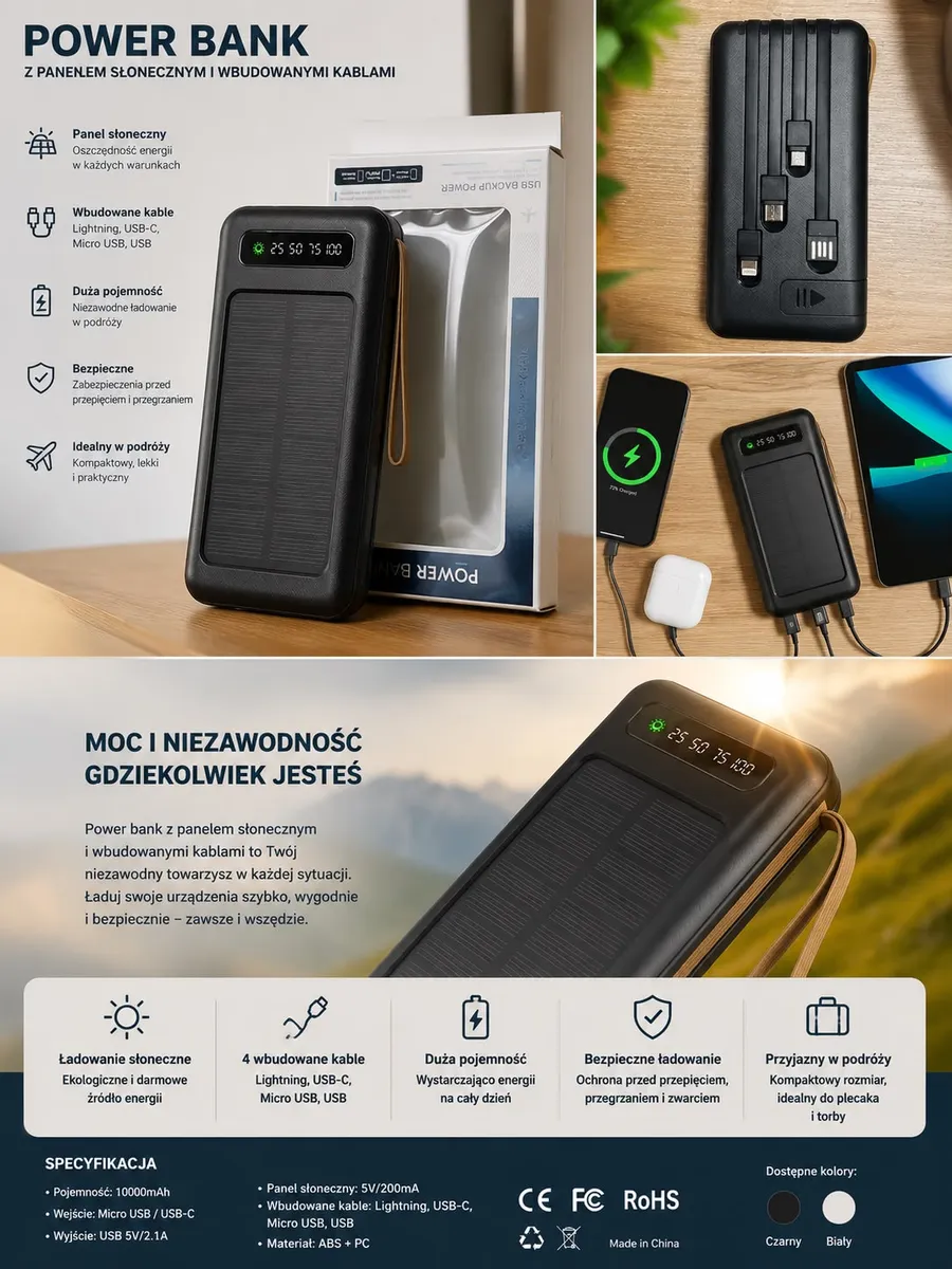 Power bank czarny z panelem słonecznym i wbudowanymi kablami 10000mAh