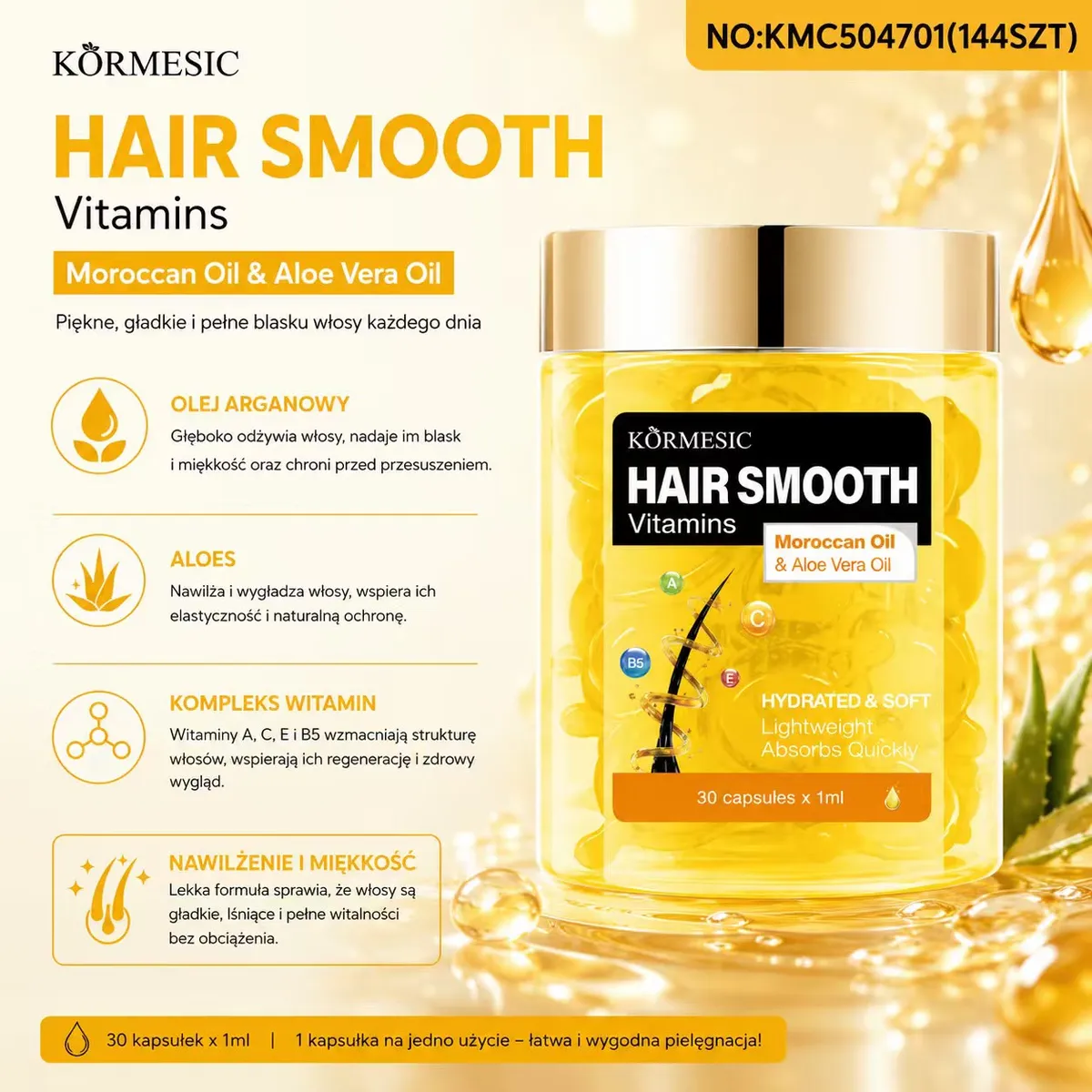 Körmesic Hair Smooth Vitamins Olej Arganowy i Aloes 30 kapsułek
