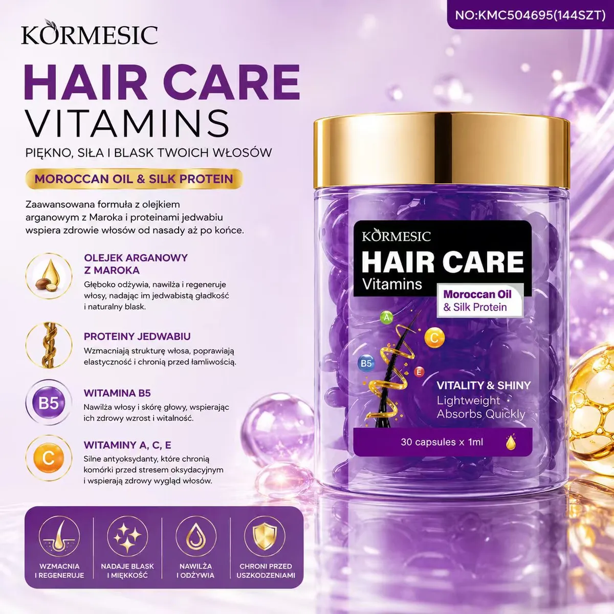 KORMESIC Hair Care Vitamins z olejkiem arganowym i proteinami jedwabiu 30 kapsułek