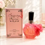 Perfumy Beauty Rose 100ml z różowym zdobieniem i czarną zakrętką