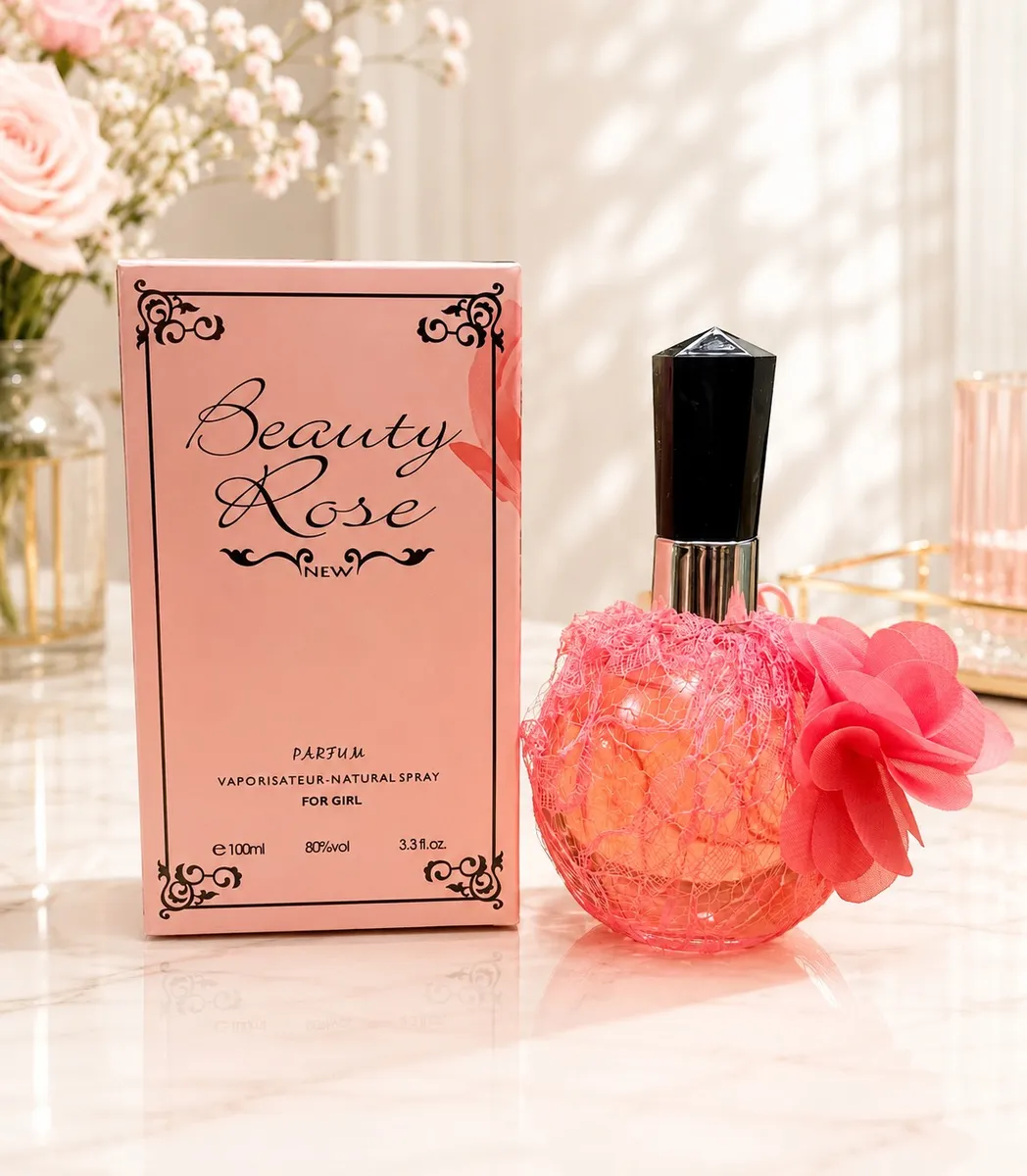 Perfumy Beauty Rose 100ml z różowym zdobieniem i czarną zakrętką