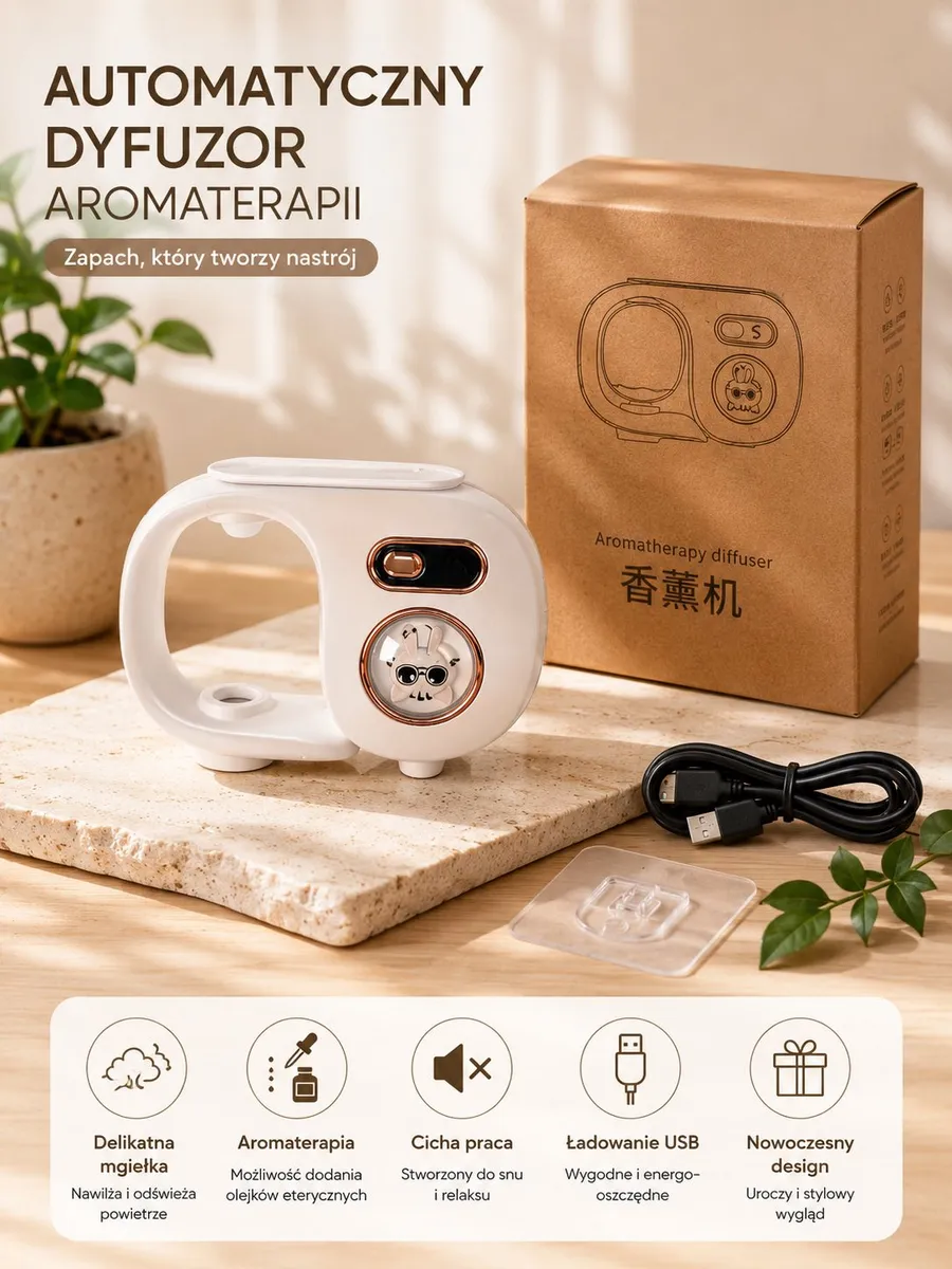 Automatyczny dyfuzor aromaterapii biały z USB i cichą pracą