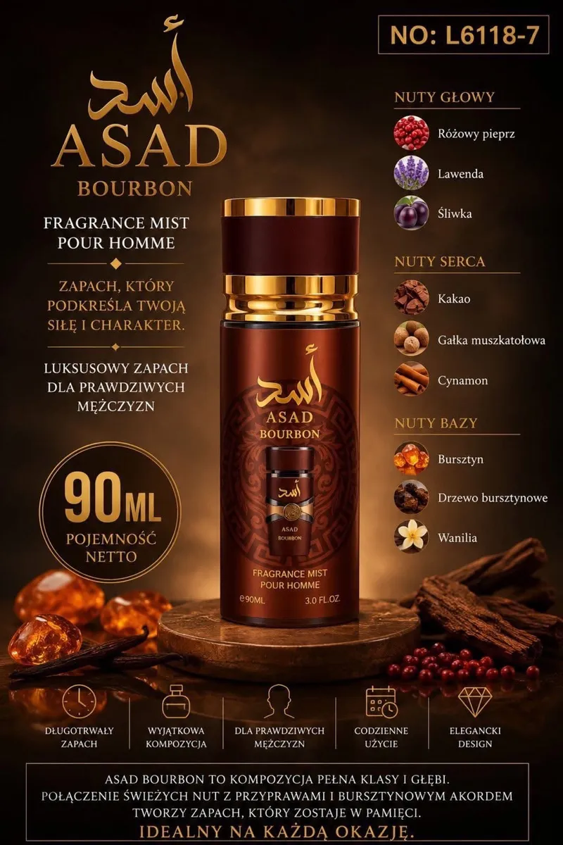 ASAD Bourbon woda perfumowana 90 ml dla mężczyzn z nutami bursztynu