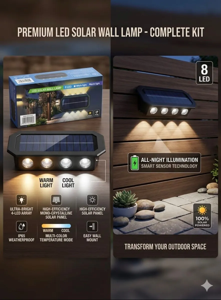 Lampa ścienna LED solarna z panelem mono-krystalicznym, 8 LED, tryb ciepły i zimny