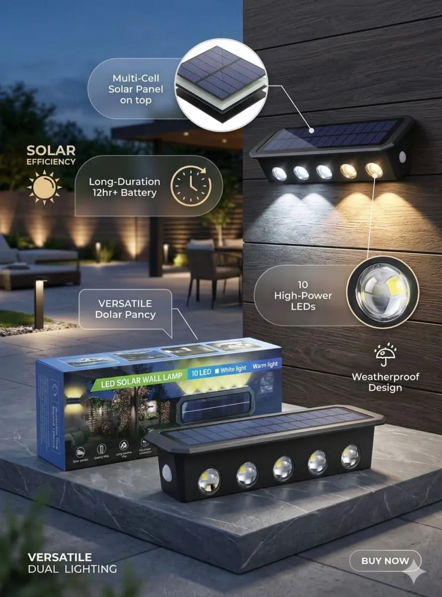 Lampa ścienna LED solarna czarna 10 diod biała i ciepła