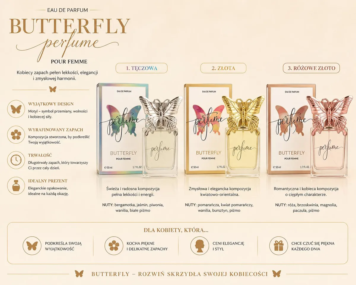 Butterfly perfumy damskie 50 ml z motylem – trzy warianty zapachowe