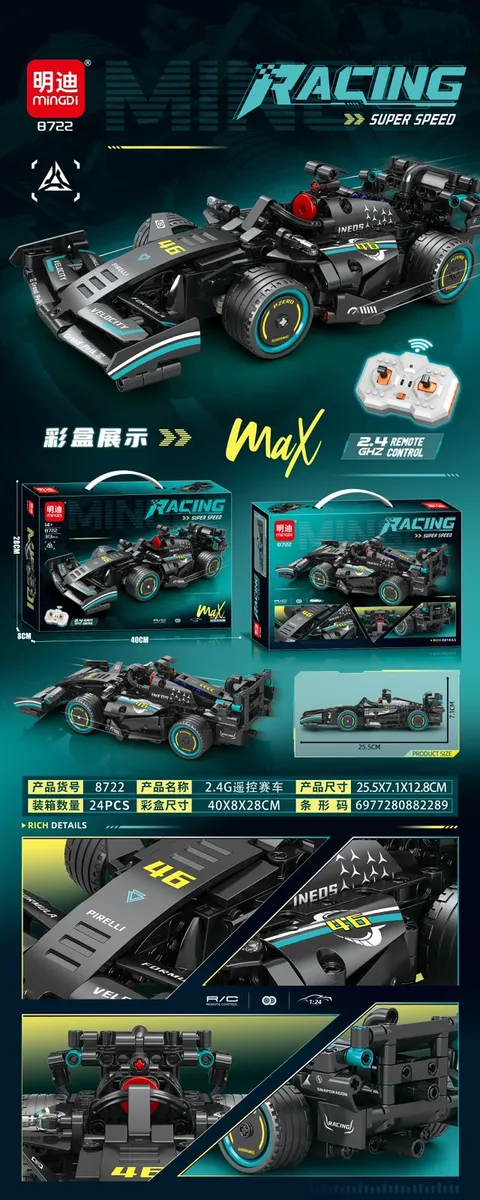 Zdalnie sterowany model wyścigowego bolidu 1:24 czarny z detalami