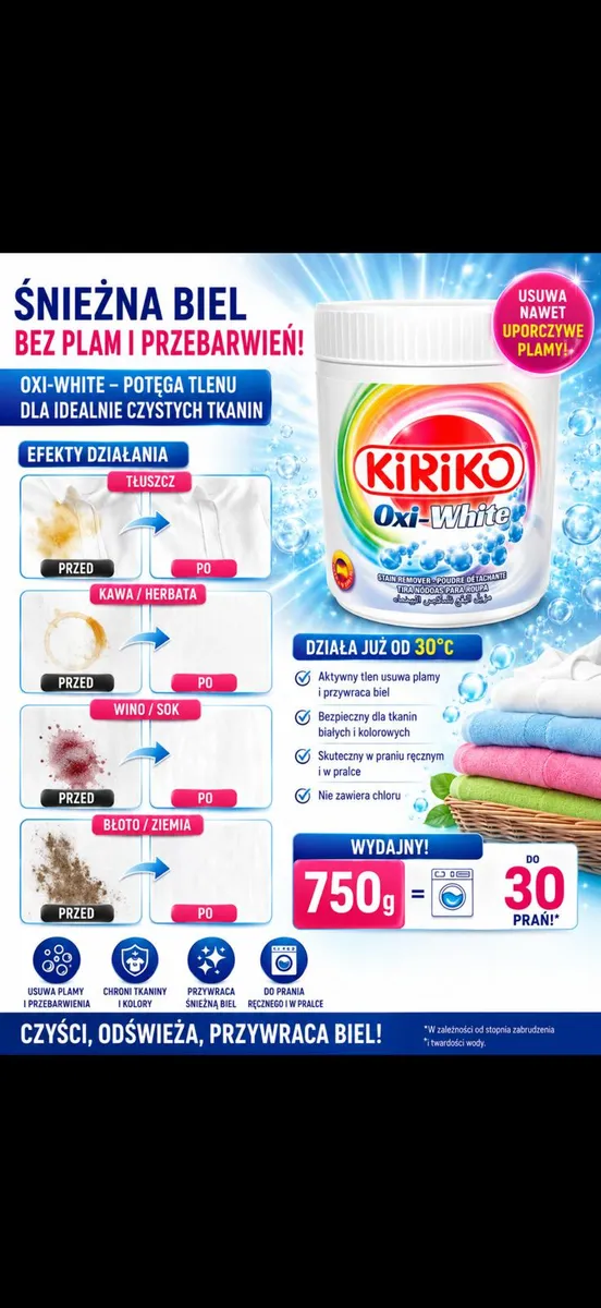 Kiriko Oxi-White 750g skuteczny wybielacz do tkanin