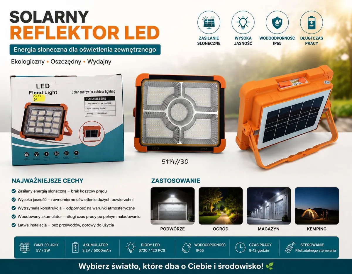 Solarny Reflektor LED Pomarańczowy z Pilotem 120 LED 5V 2W